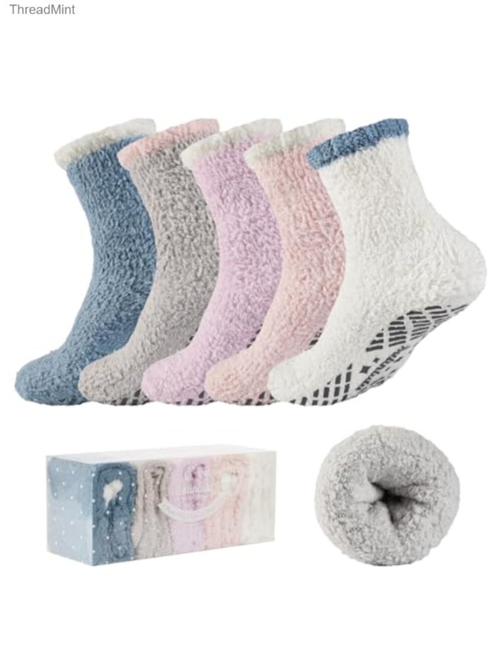 Fuzzy Slipper Socks with Grips for Women 5 Pairs Cozy Warm